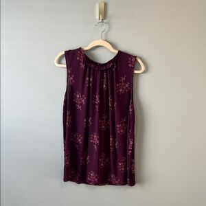 LOFT Plum Floral Mixed-Media Sleeveless Blouse